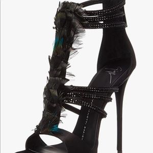 Giuseppe Zanotti peacock feather and black crystal strappy heels